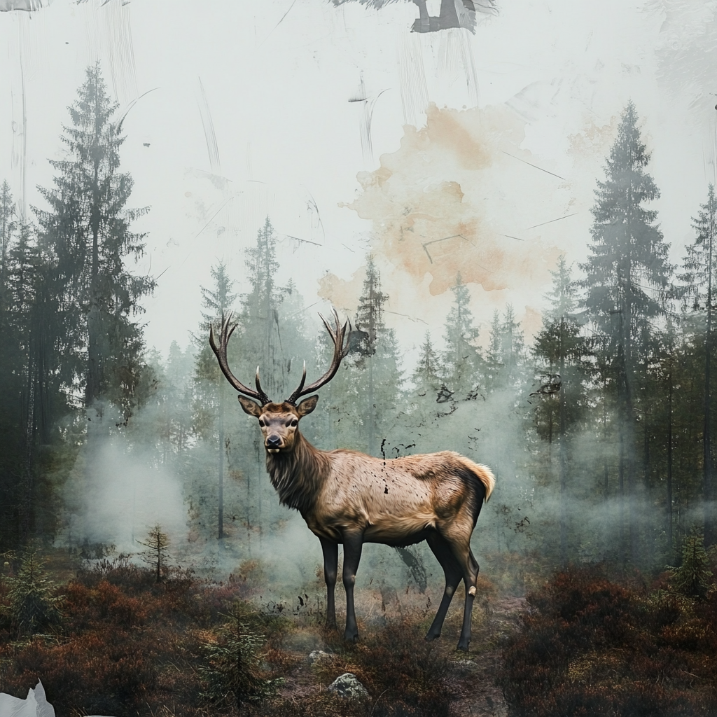 A Beautiful Painted Deer in Cloudy Forest