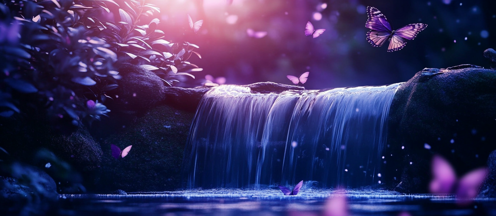 A Beautiful Romantic Waterfall Scene at Night