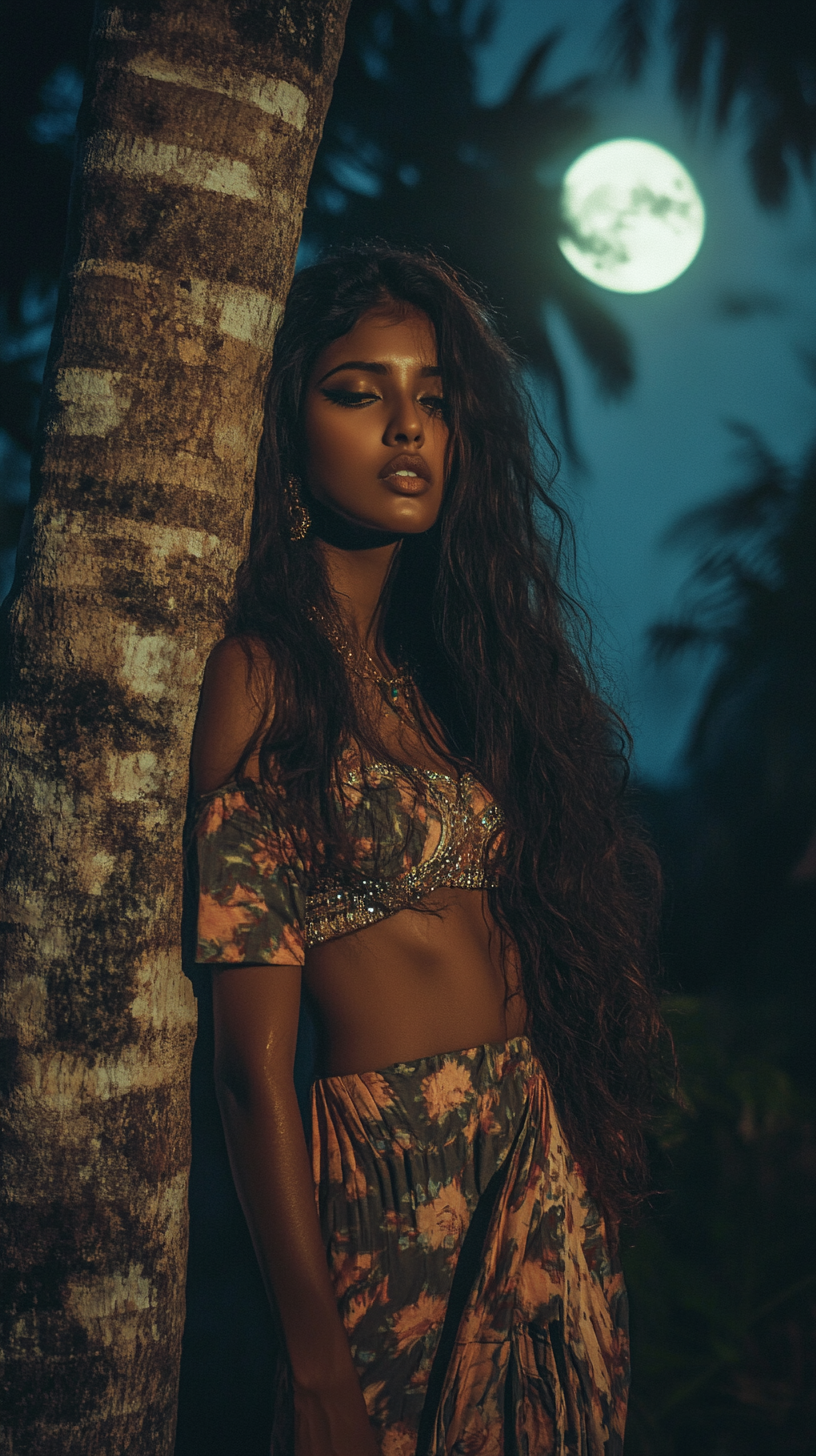 A Beautiful Sri Lankan Woman Poses Under Moonlit Tree