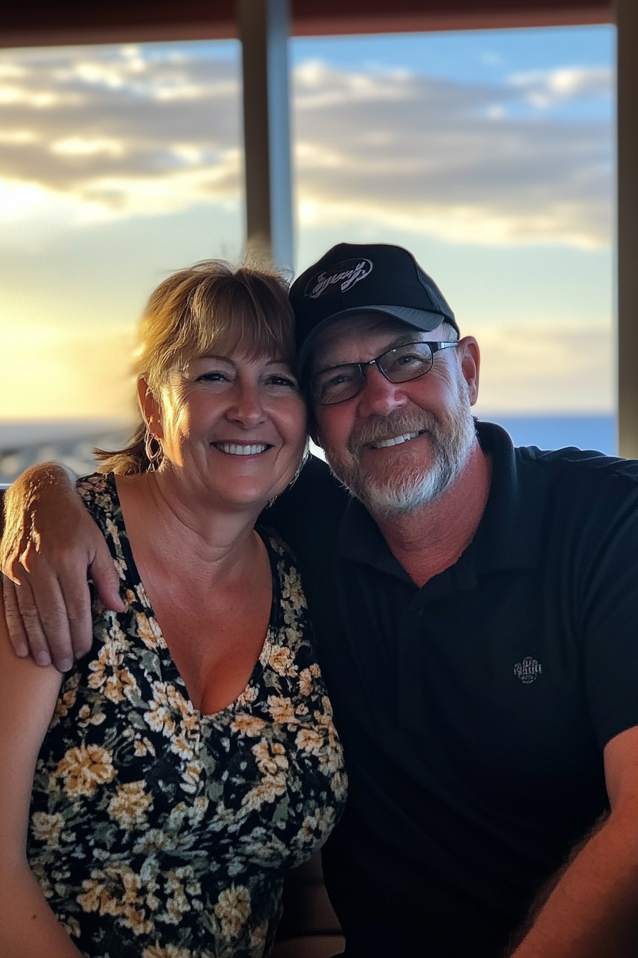 A Beautiful Sunset, Happy Couple Smiling on Cruise