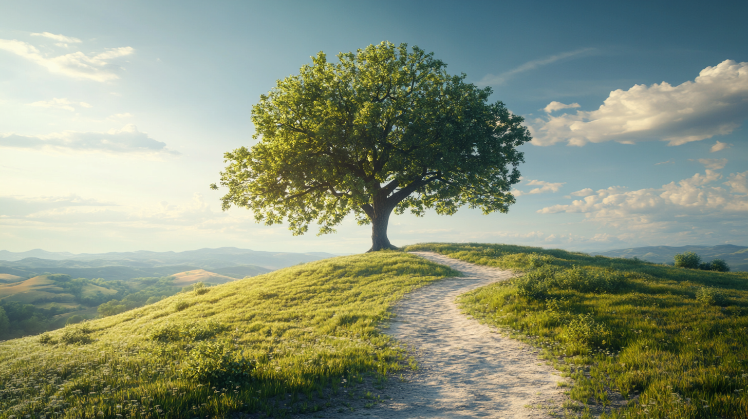 A Beautiful Tree Stands Alone on Hill.