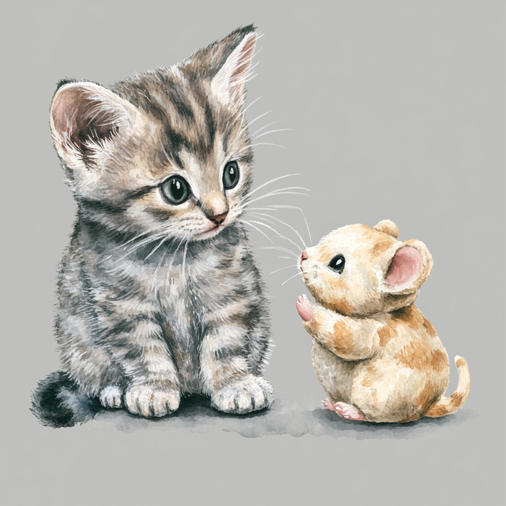 A Beautiful Watercolor Cat Toy with Plush Mouse.