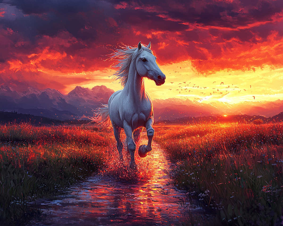 A Beautiful White Horse Running at Sunset