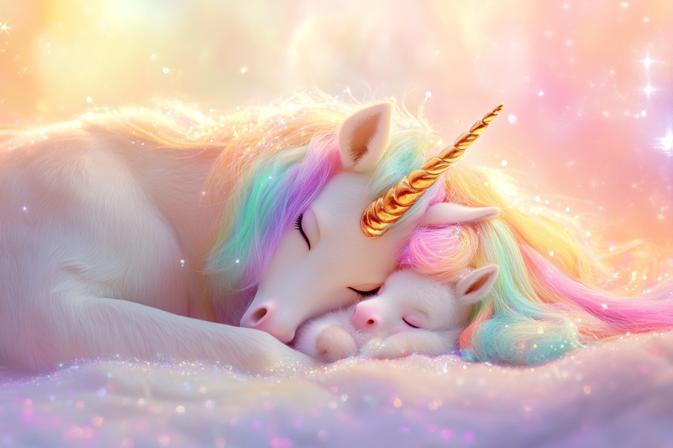 A Beautiful White Unicorn and Her Baby Sleeping