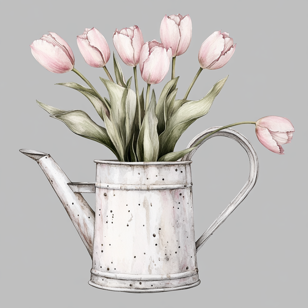 A Beautiful White Watering Can with Pink Tulips