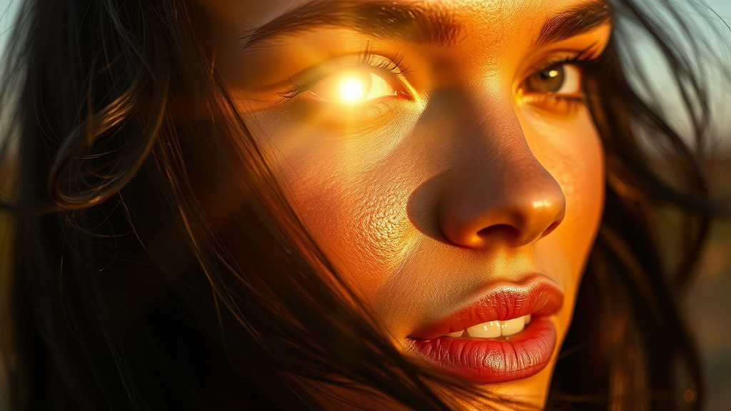 A Beautiful Woman's Face Glows in Morning Sun.