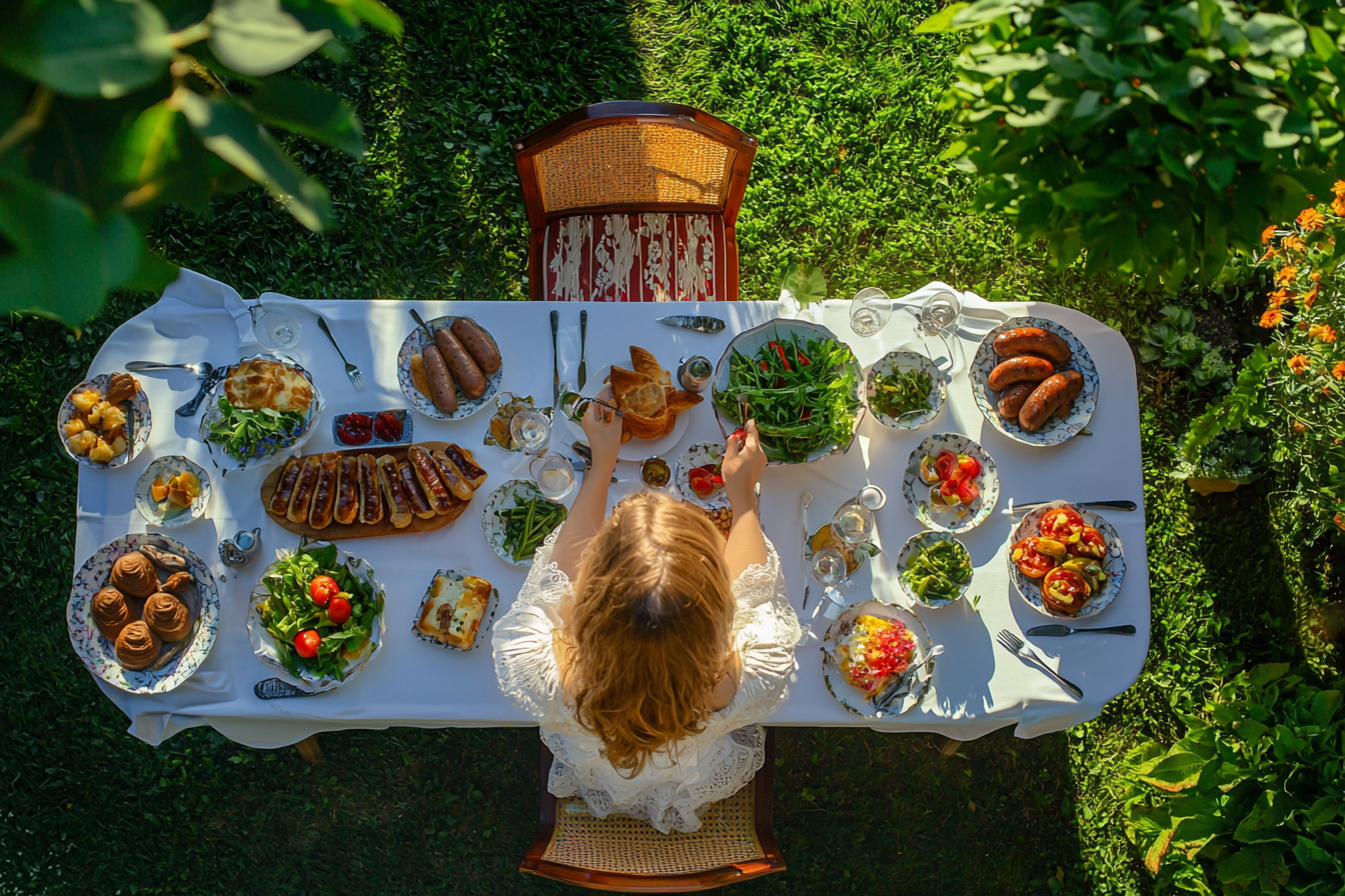 A Beautiful Woman Setting a Summer Garden Breakfast