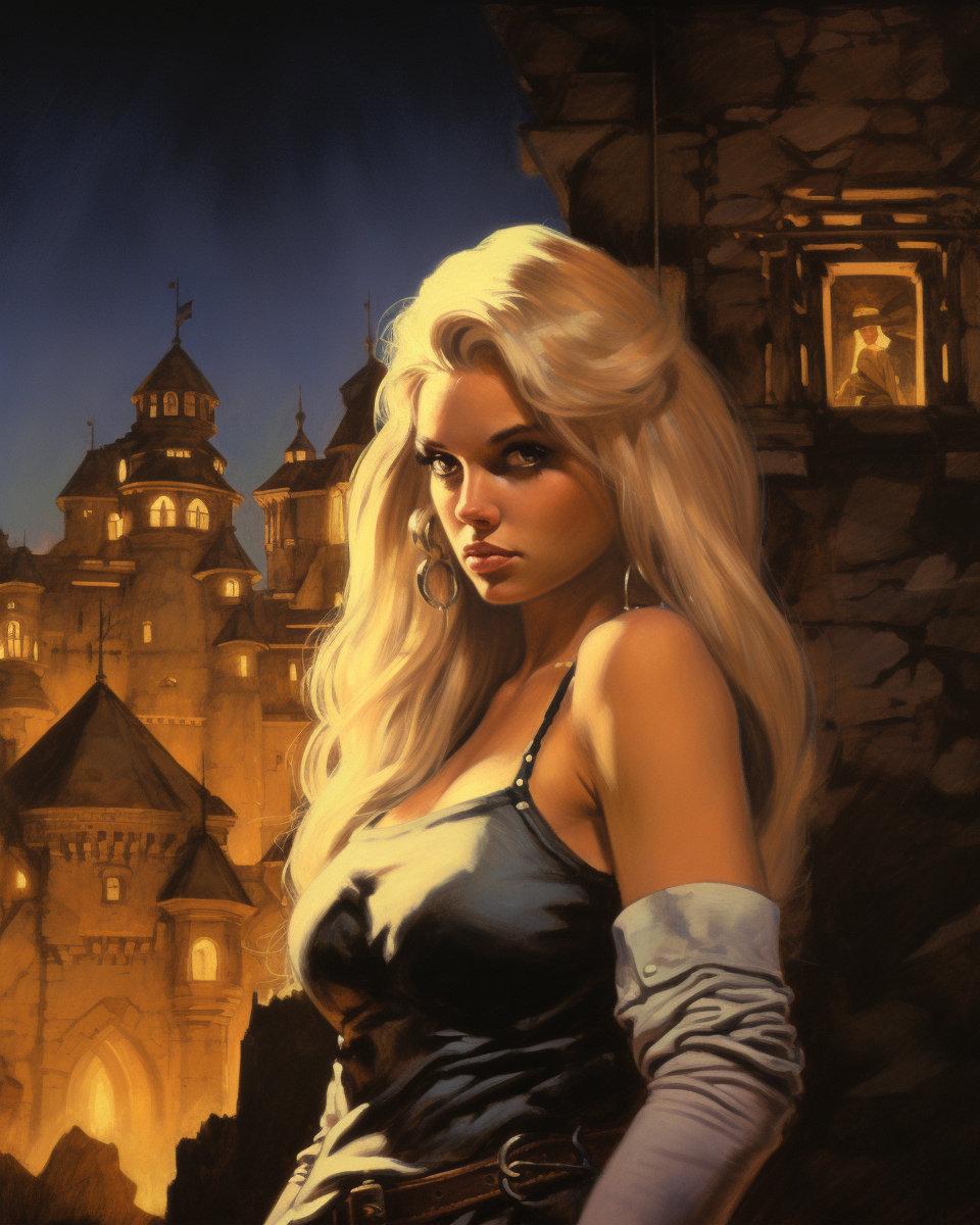 A Beautiful Woman at a Castle at Night