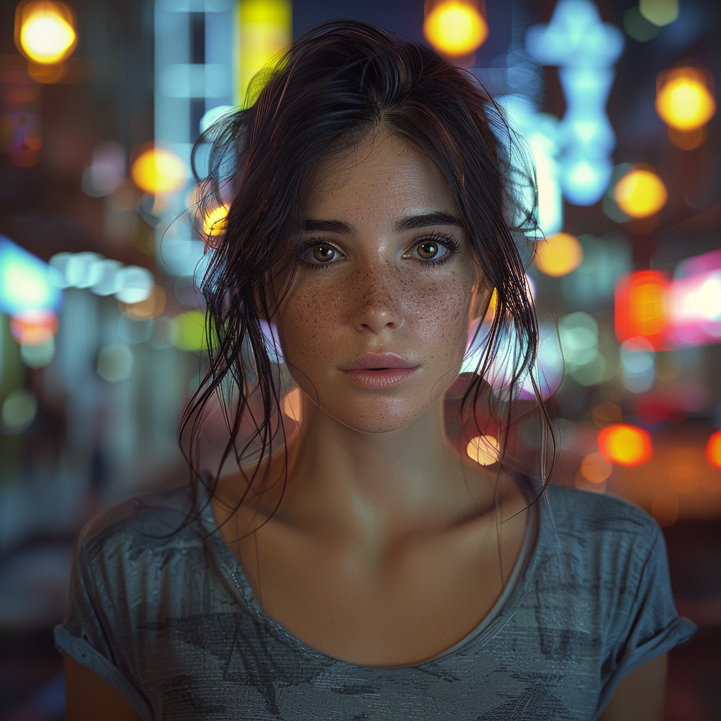 A Beautiful Woman in City at Night