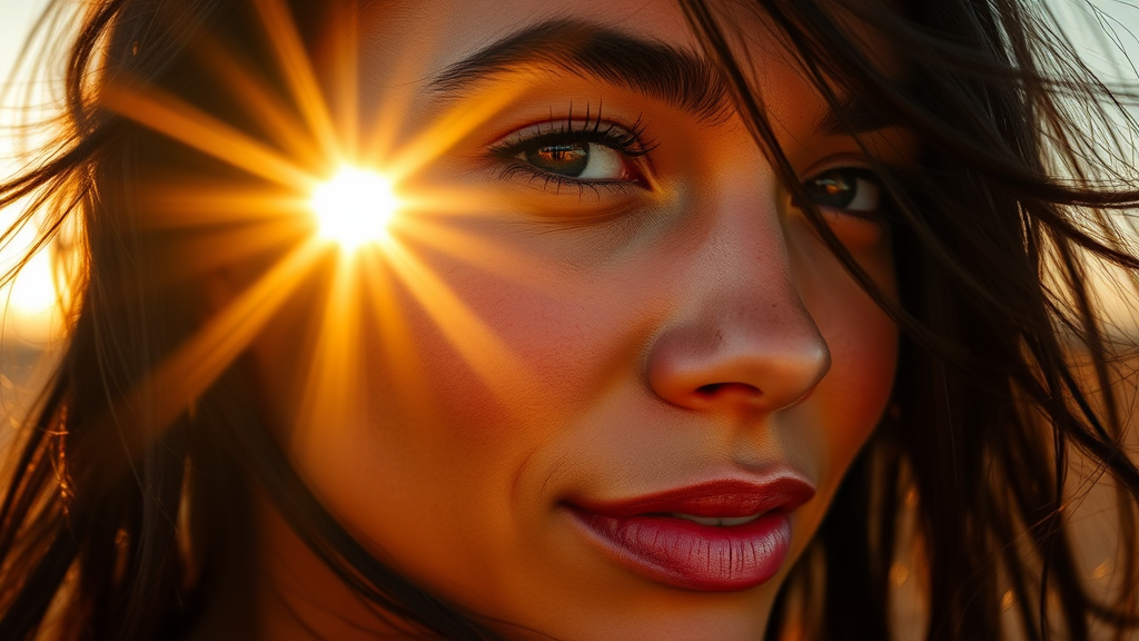 A Beautiful Woman with Sunlight Reflected in Eyes.