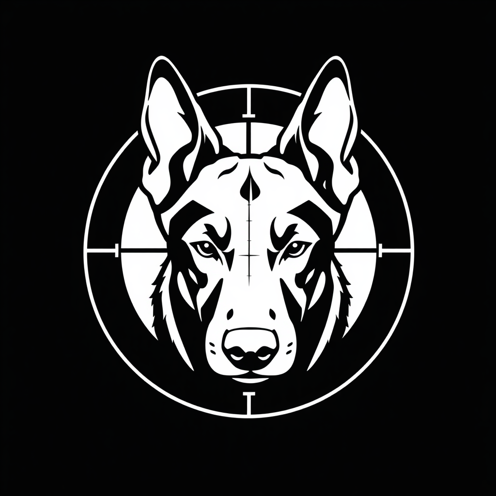 A Belgian Malinois Head in Scope Crosshairs Logo