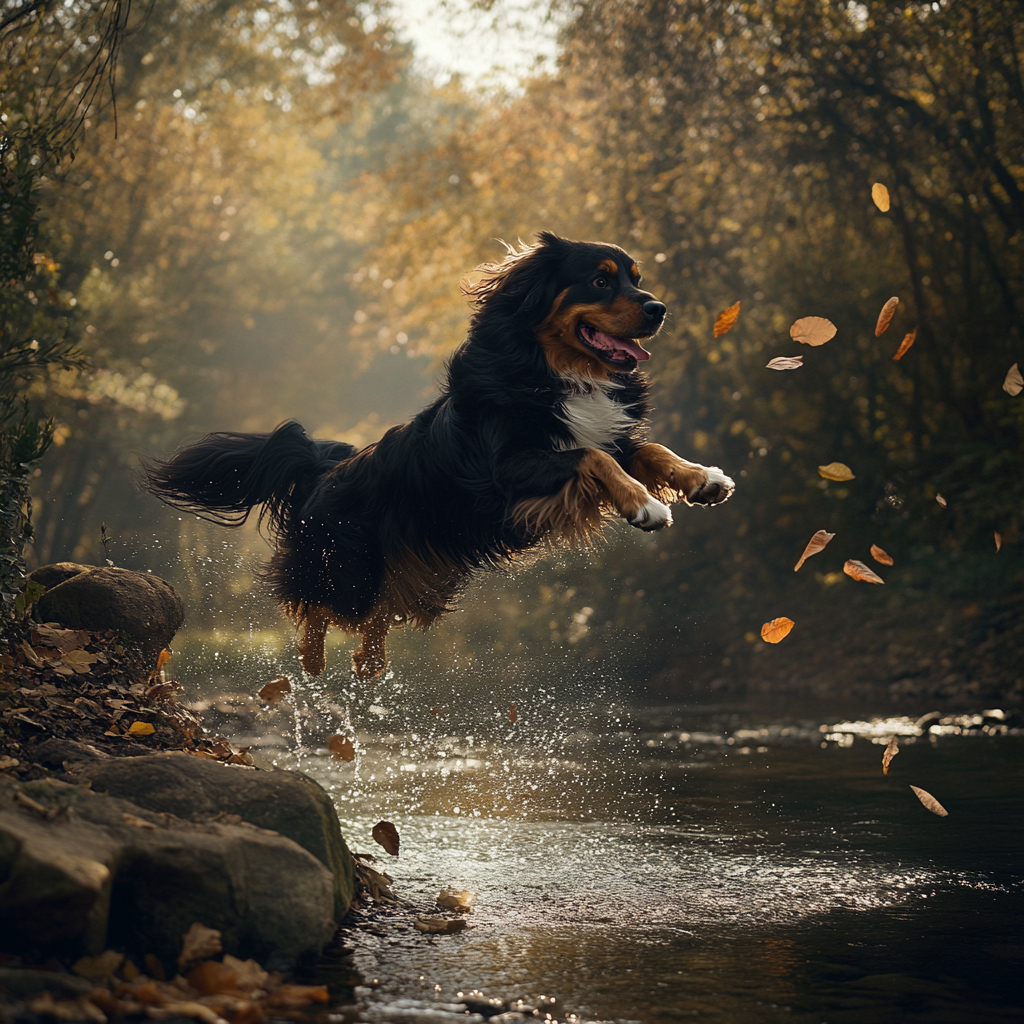 A Bernese Dog Jumping Over River Rocks