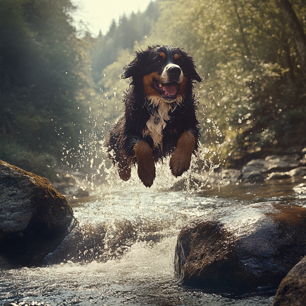 A Bernese Dog Jumping Rocks in Mexican Forest