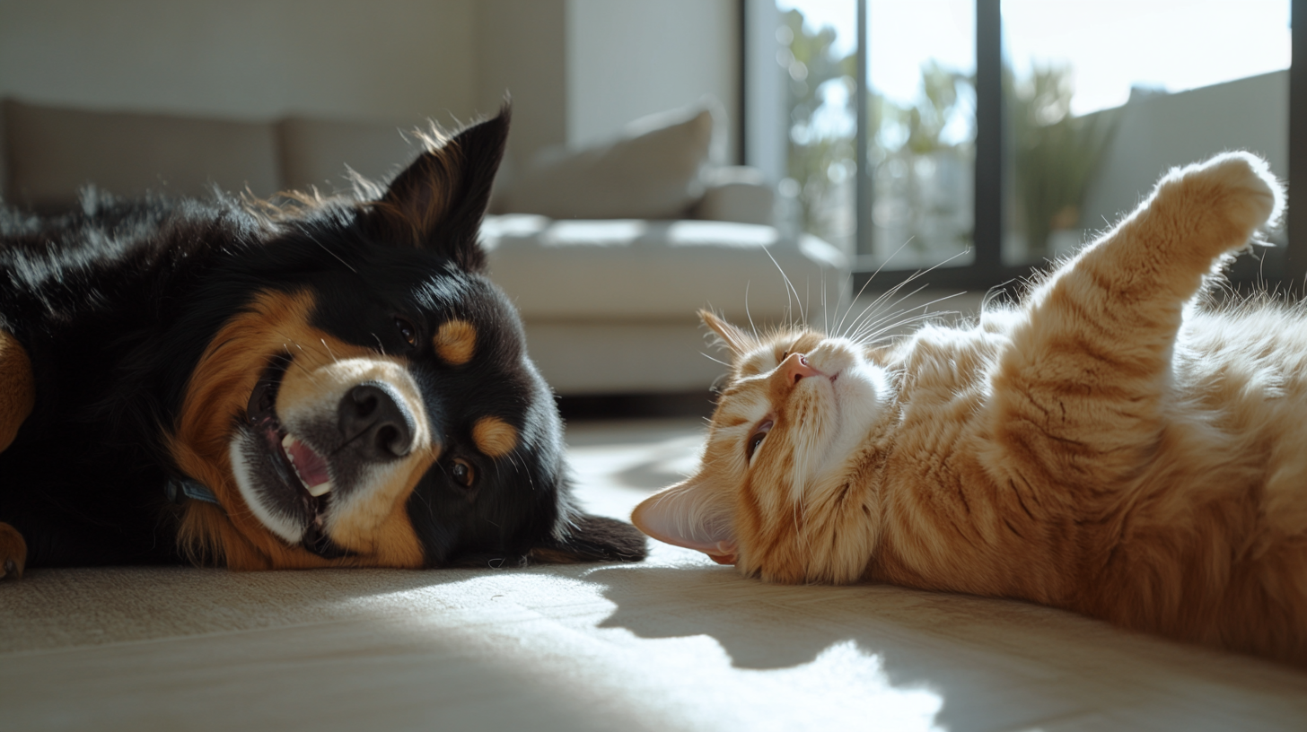 A Bernese and Cat Playing Together in Living Room