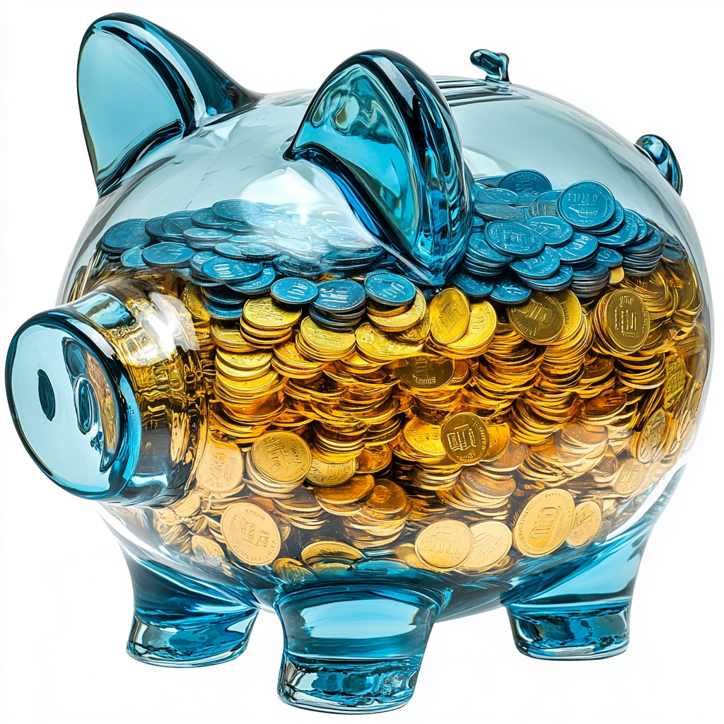 A Big Blue Glass Piggy Bank with Coins