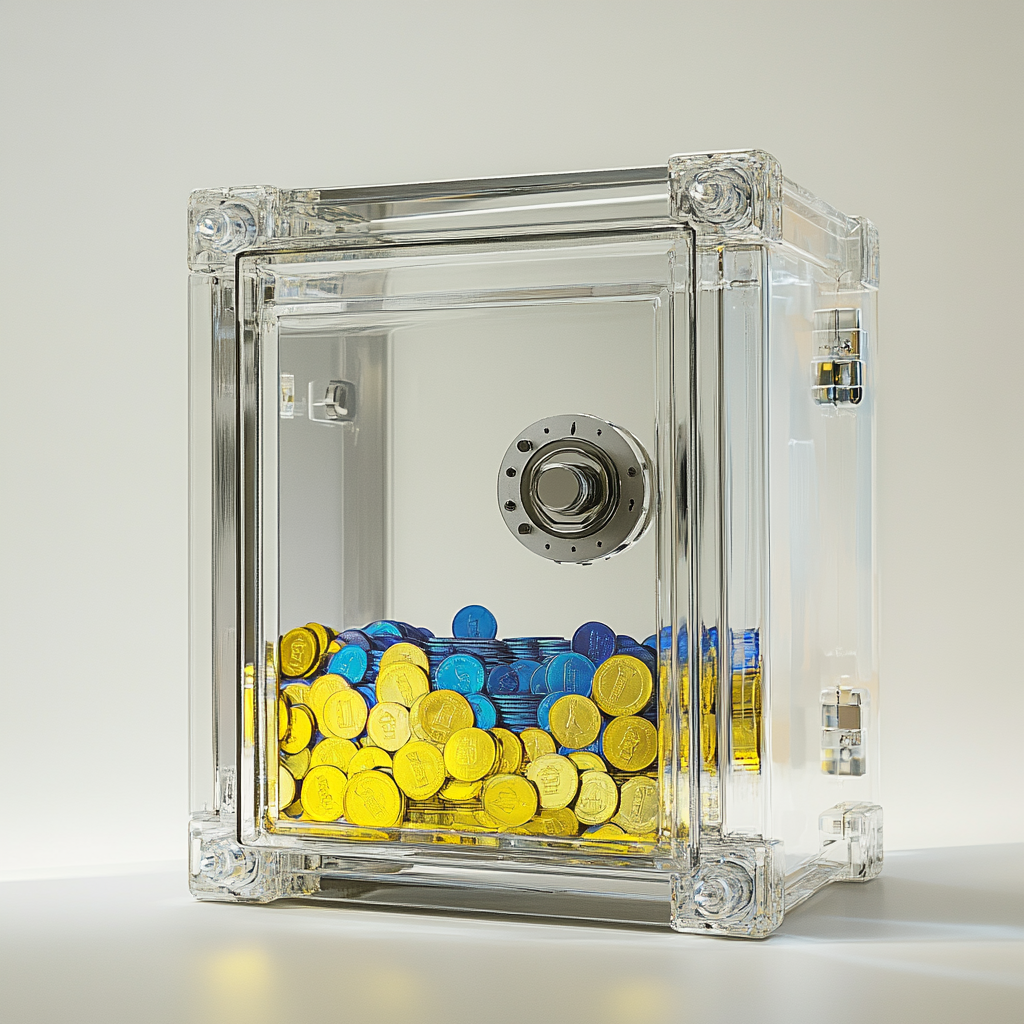 A Big Empty Safe with Blue and Yellow Coins.