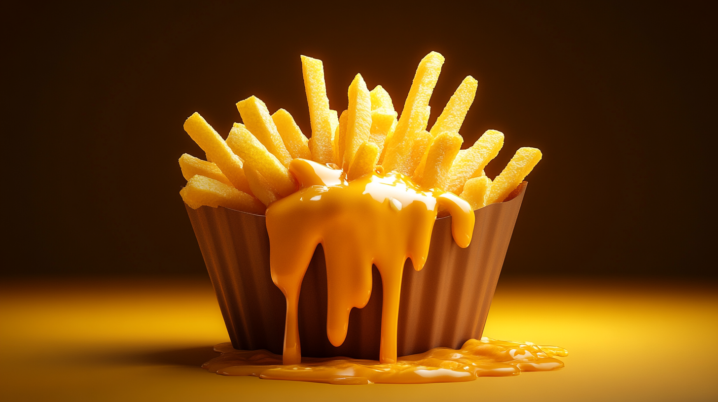 A Big Pile of French Fries with Cheddar Sauce.