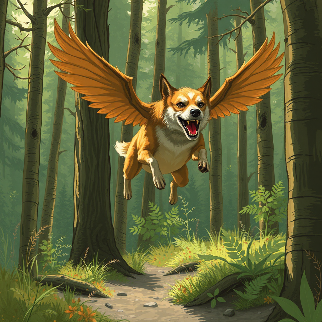 A Big Scary Flying Dog in Forest