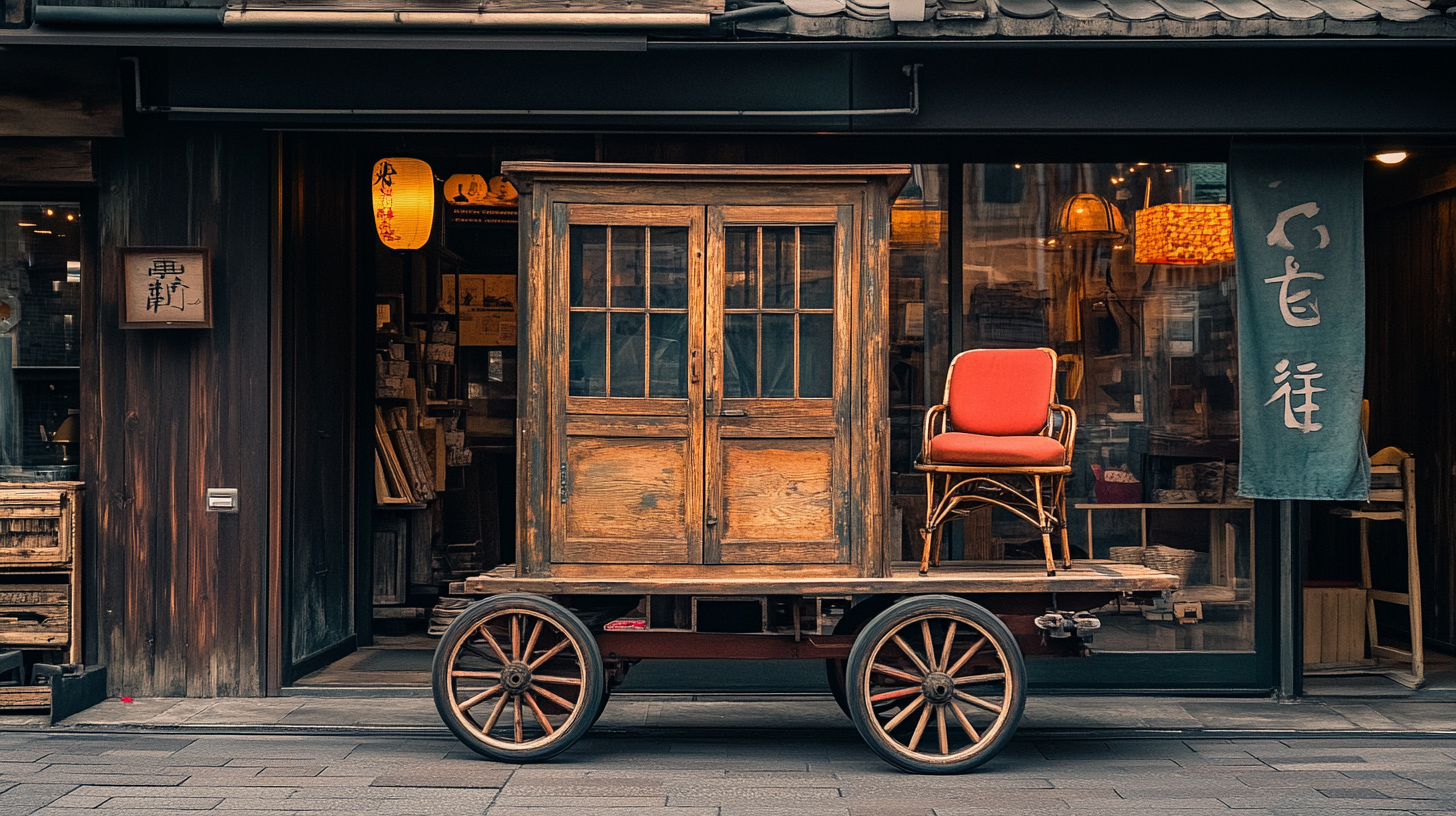 A Big Wooden Cart with Chair Outside Store