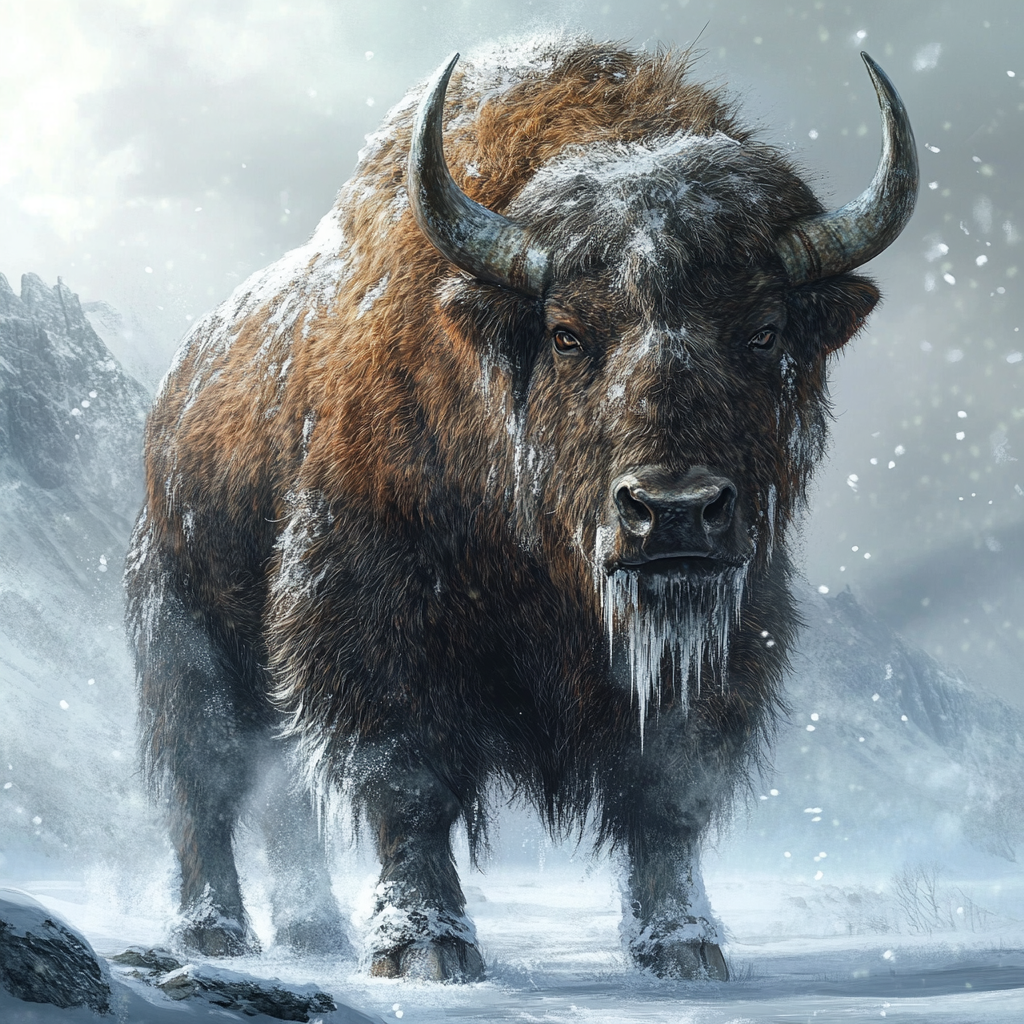 A Bison-Horse Beast with Muscular Frame and Icy Fur.