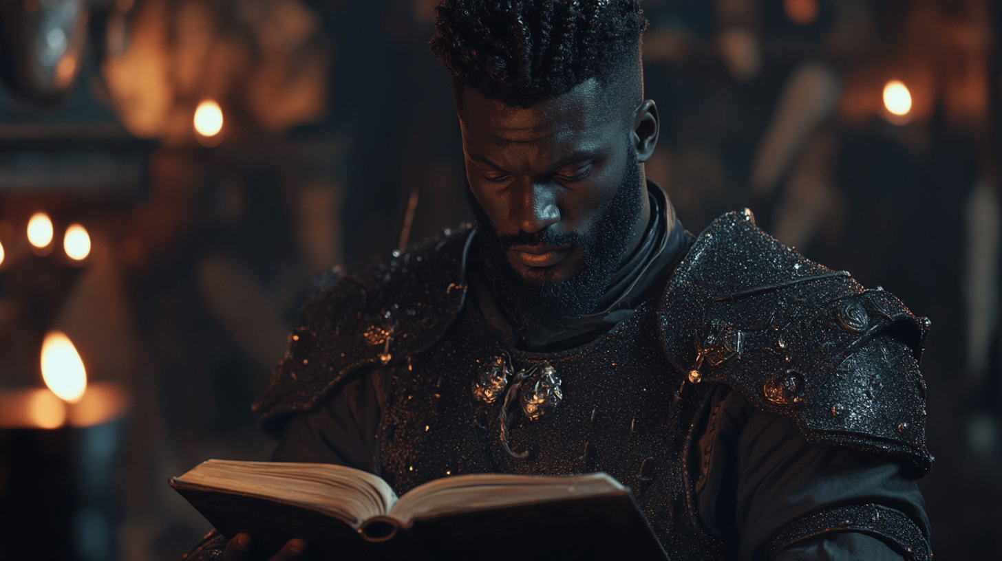 A Black Bard Reading Poetry in Dim Tavern