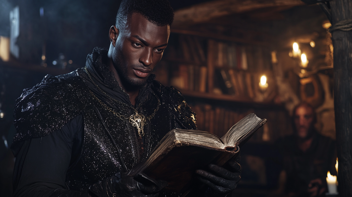 A Black Bard Reading Poetry in Glittery Doublet