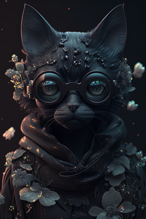 A Black Cat With Glasses, Moon and Flowers