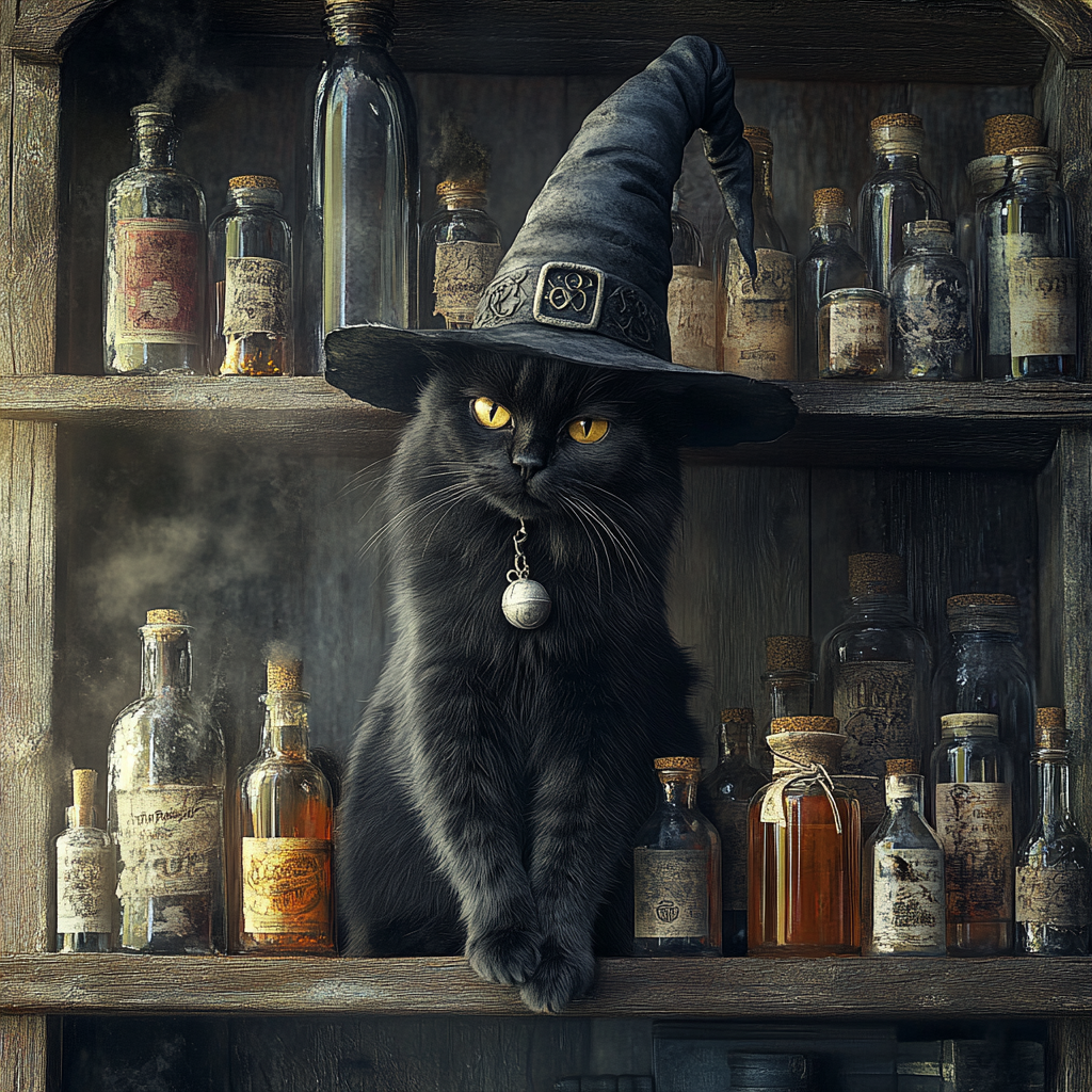 A Black Cat in a Witch's Hat sitting on Shelf full of Potions