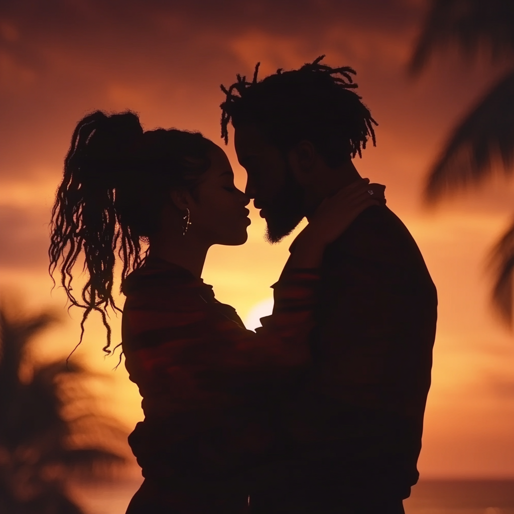 A Black Couple Kissing on Beautiful Sunset Beach