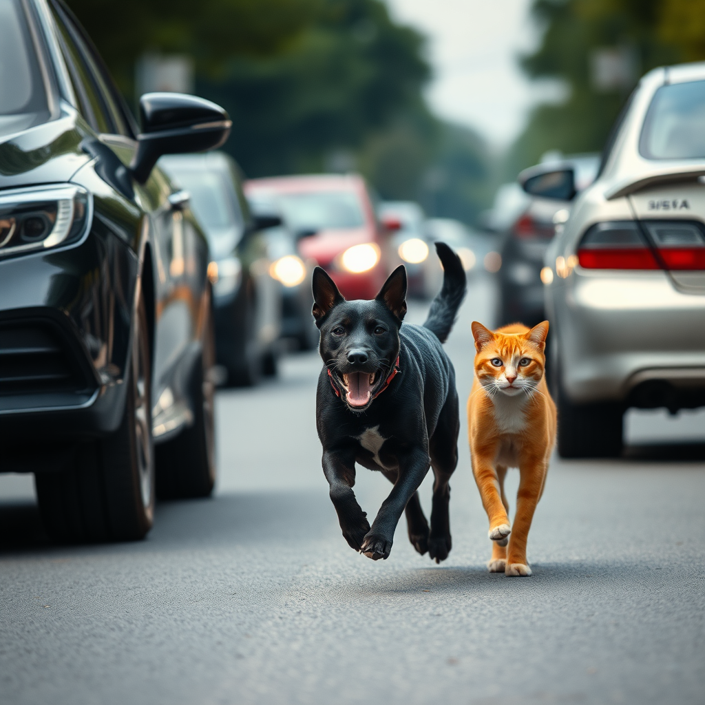 A Black Dog and Red Cat Running Together