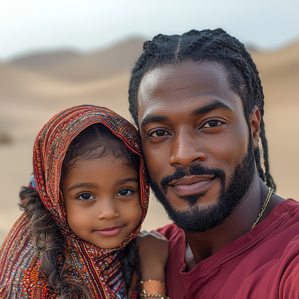 A Black Family in Dubai Desert Poses Happily