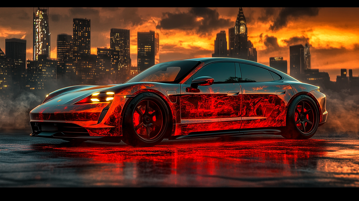 A Black Porsche Taycan in Digital Art Cityscape