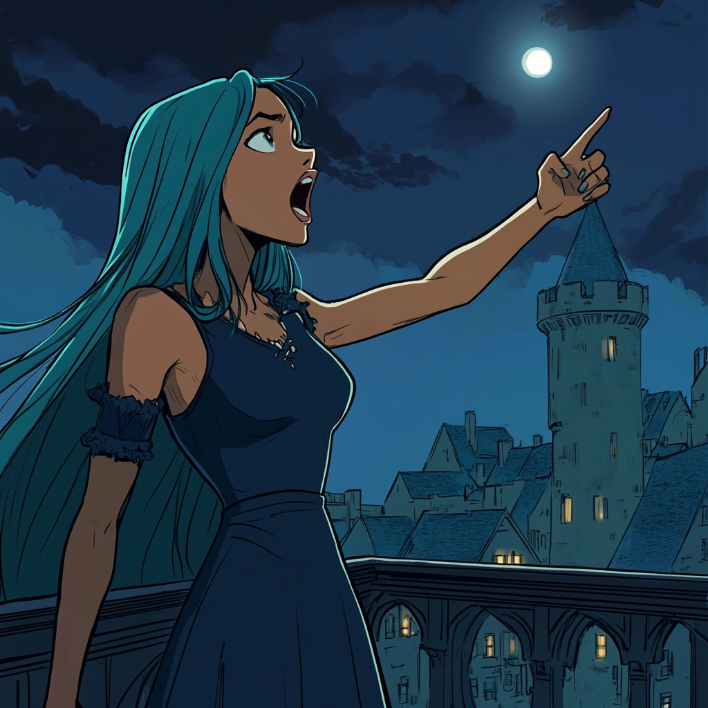 A Black Princess on Castle Balcony at Night