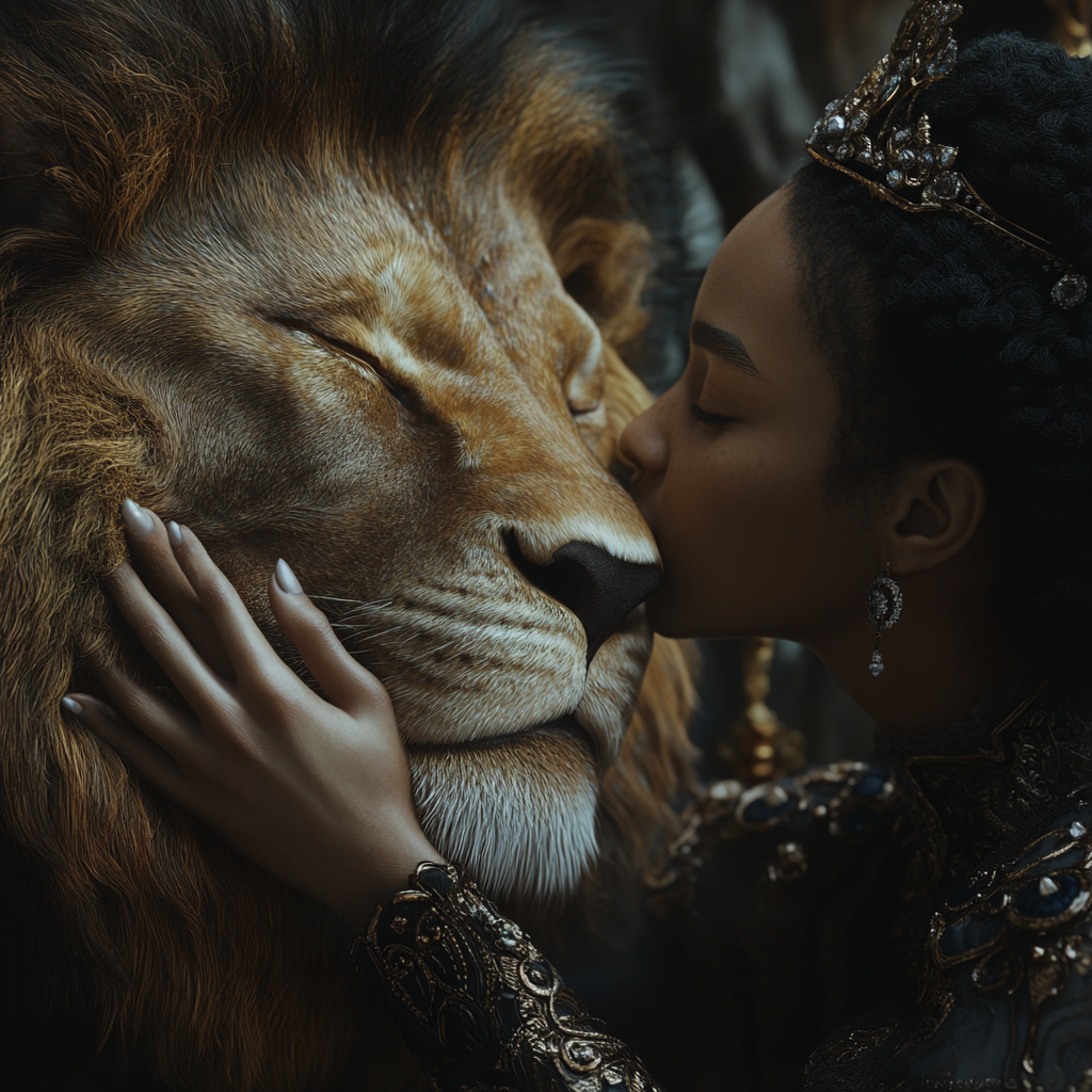 A Black Queen petting her Pet Lion in 8k.