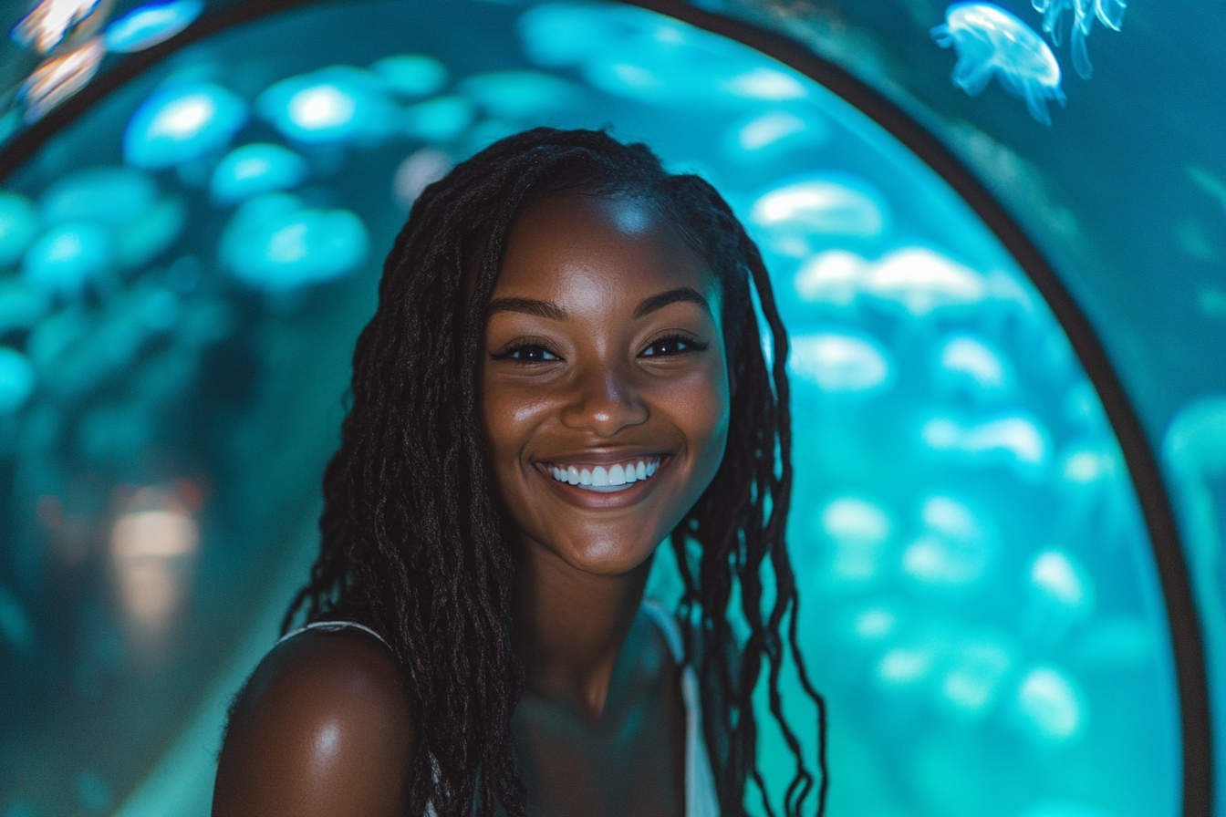 A Black Woman Surrounded by Jellyfish in Aquarium