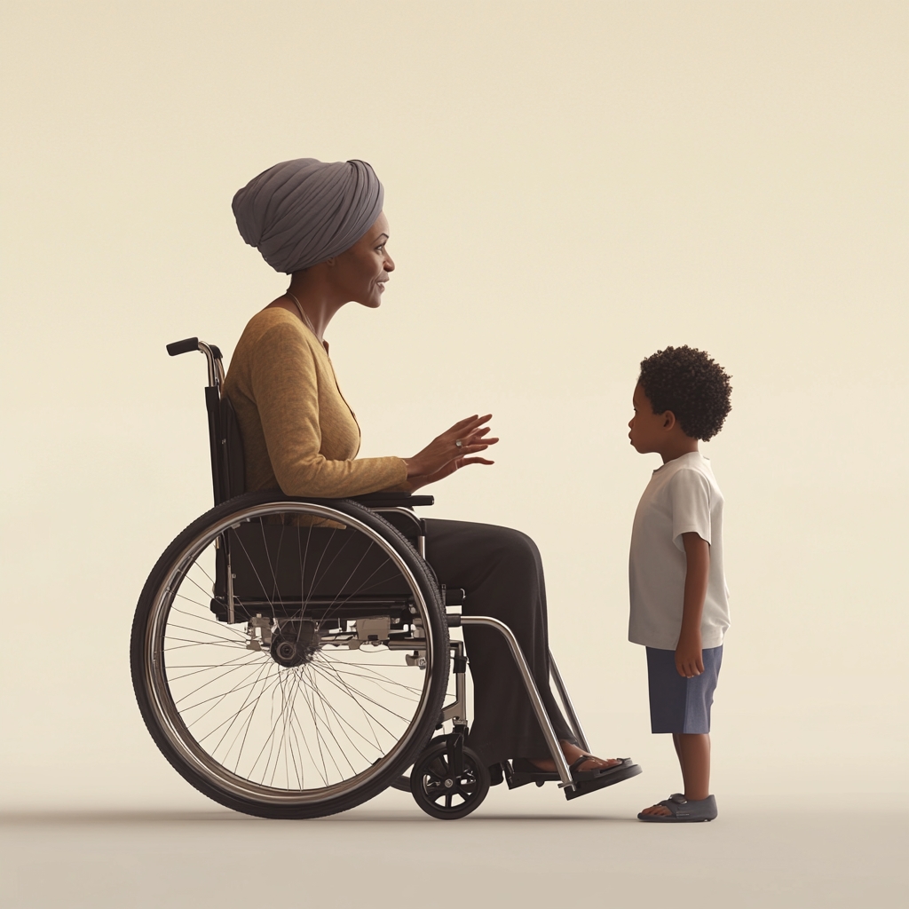 A Black Woman in Turban Talks to Child