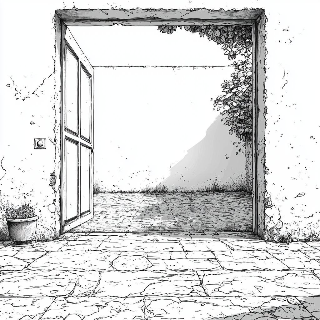 A Black and White Doorway to Empty Courtyard