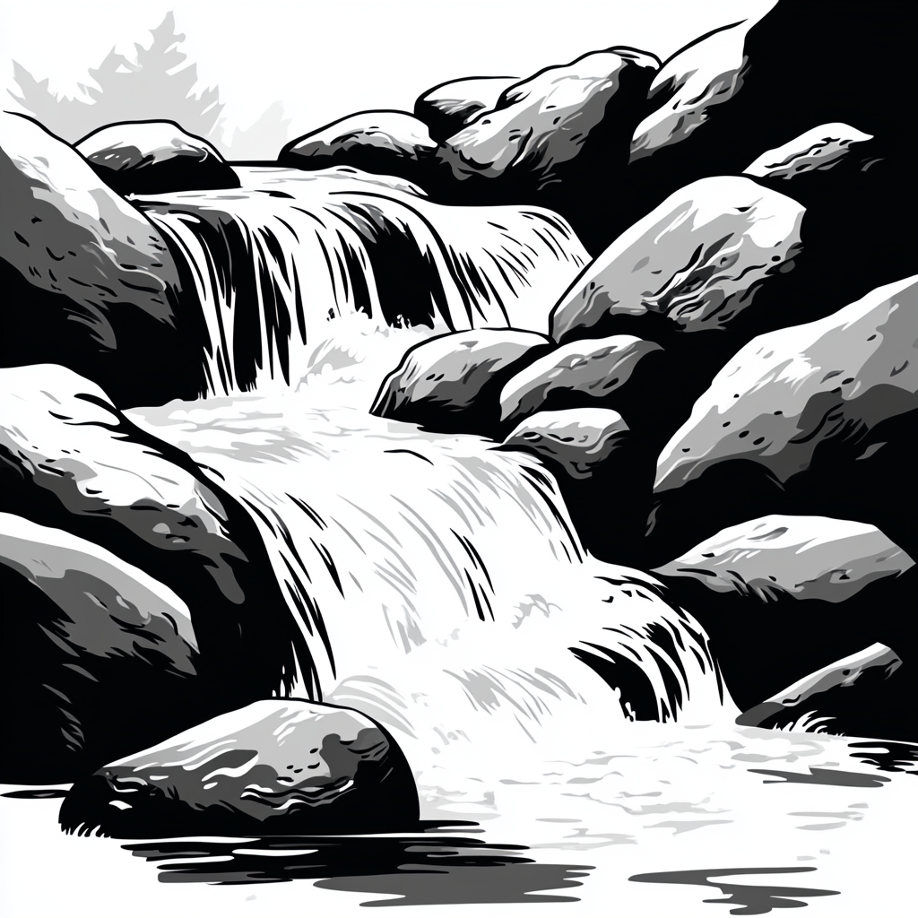 A Black and White River with Rocks