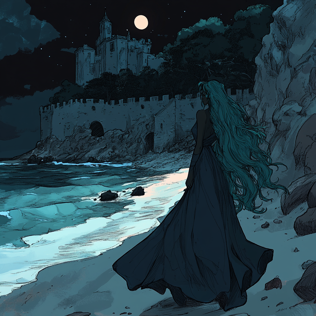 A Black woman with teal hair near castle