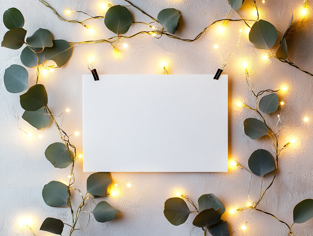 A Blank Postcard, Eucalyptus, and Lights Top View