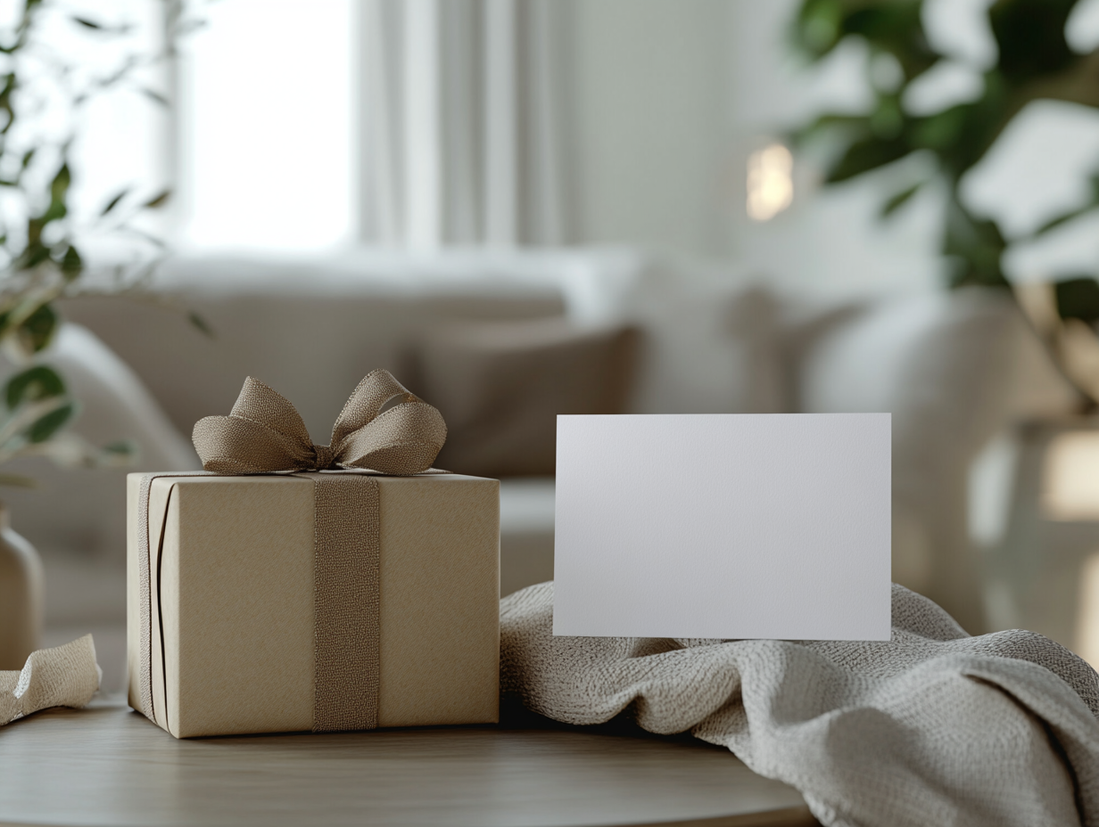 A Blank Postcard and Wrapped Gift on Table