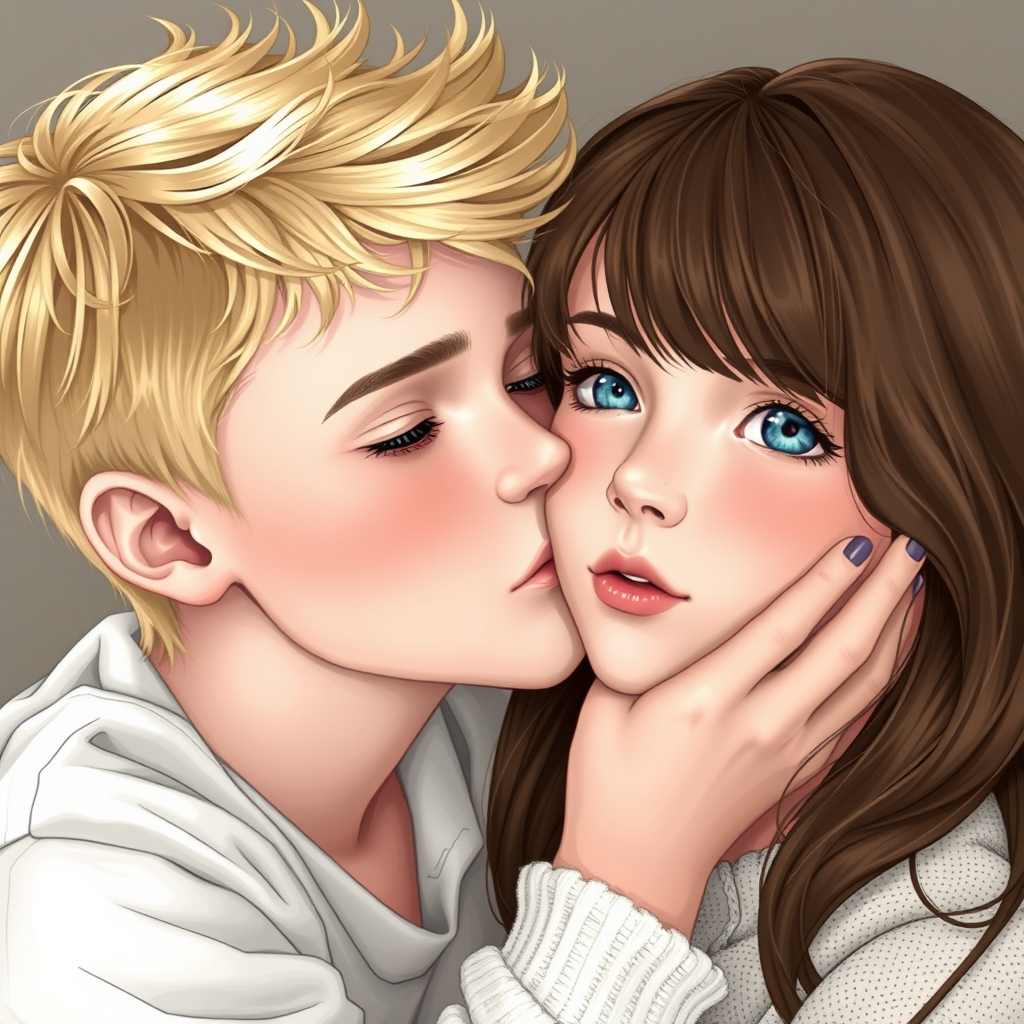 A Blonde Boy Kissing a Brown-Haired Girl