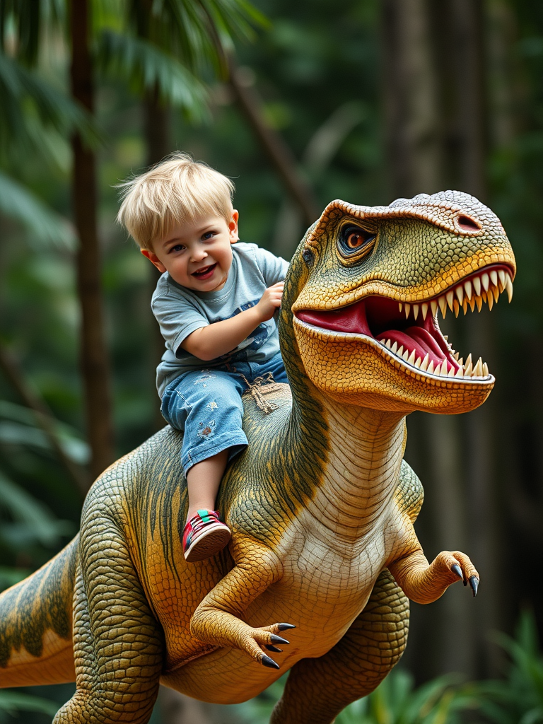 A Blonde Boy Riding a Vibrant T-Rex
