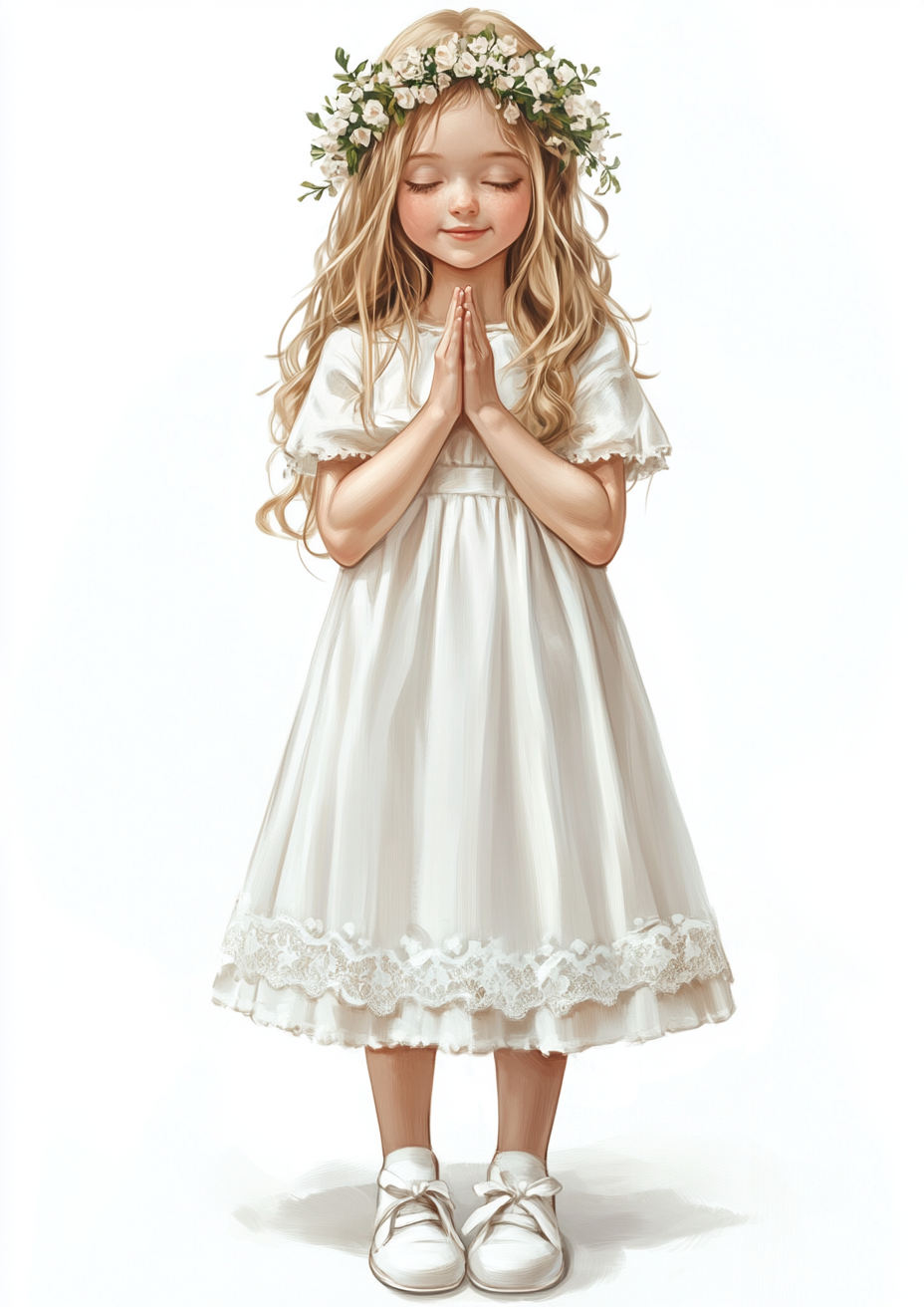 A Blonde Girl in Communion Dress Prayer Pose.