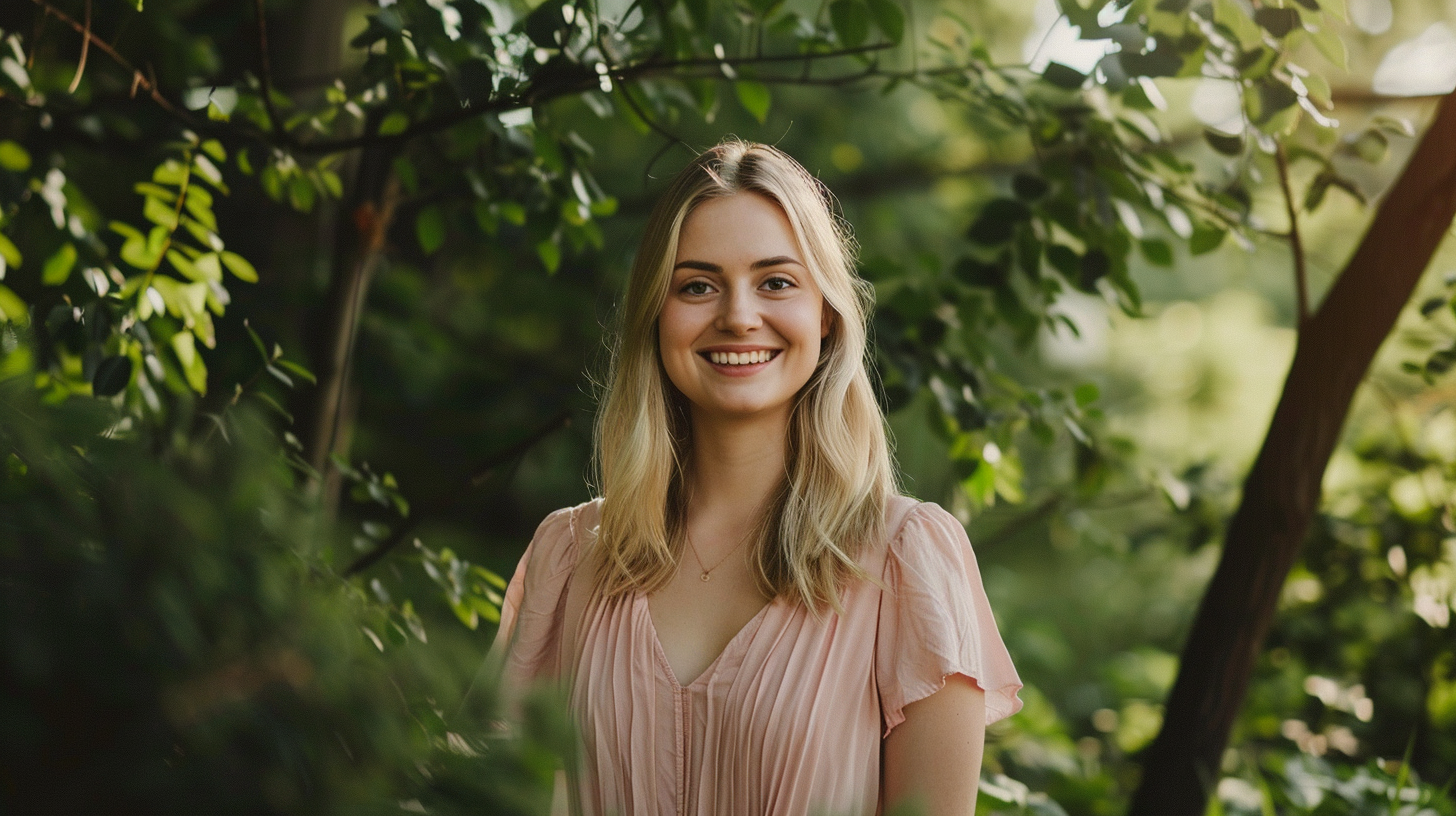 A Blonde Girl in a Pink Dress in Forest