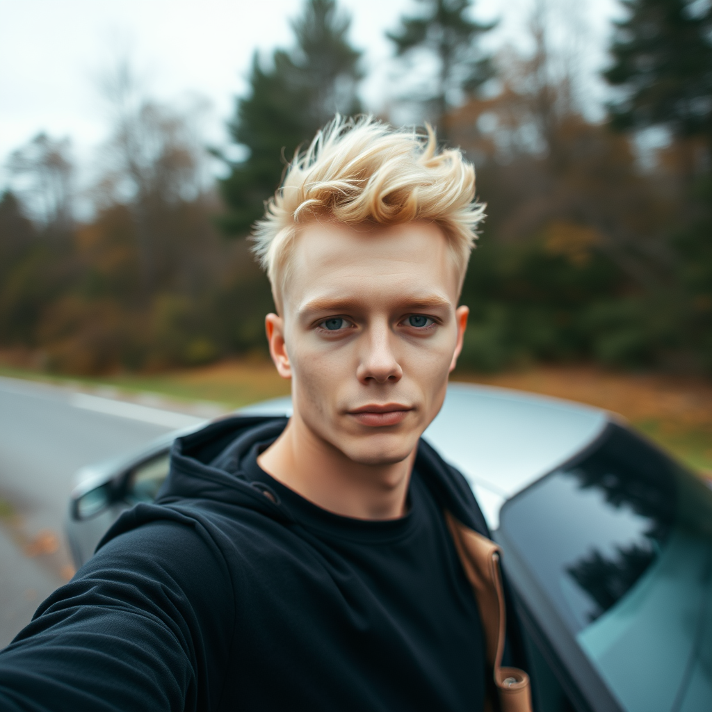 A Blonde Guy Next to a Blurry Car Selfie