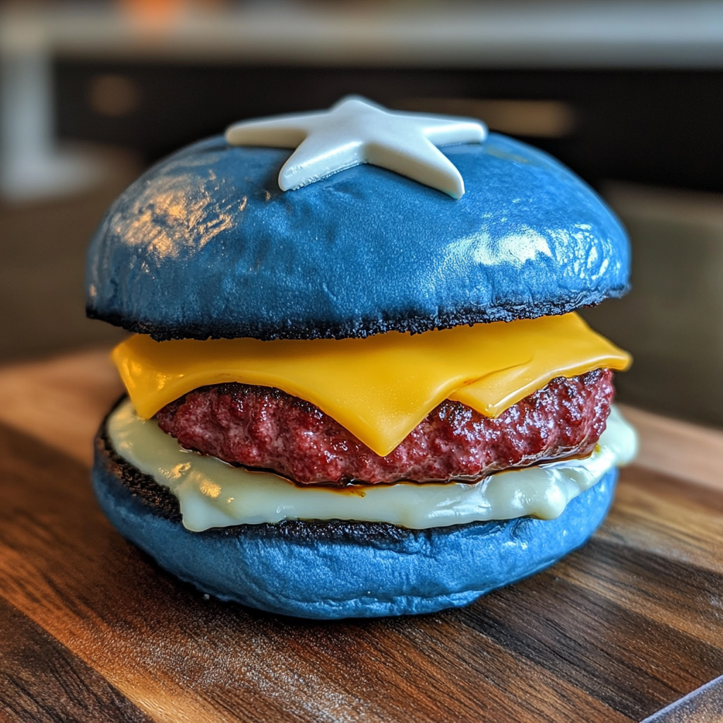 A Blue Cheeseburger with Star on Top Bun