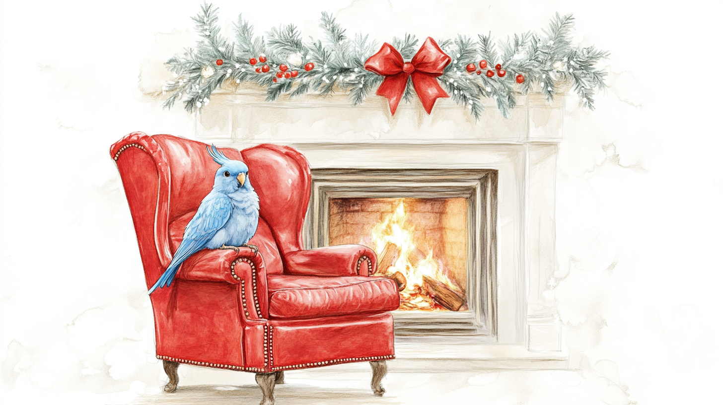 A Blue Cockatiel's Classic Christmas by Fireplace