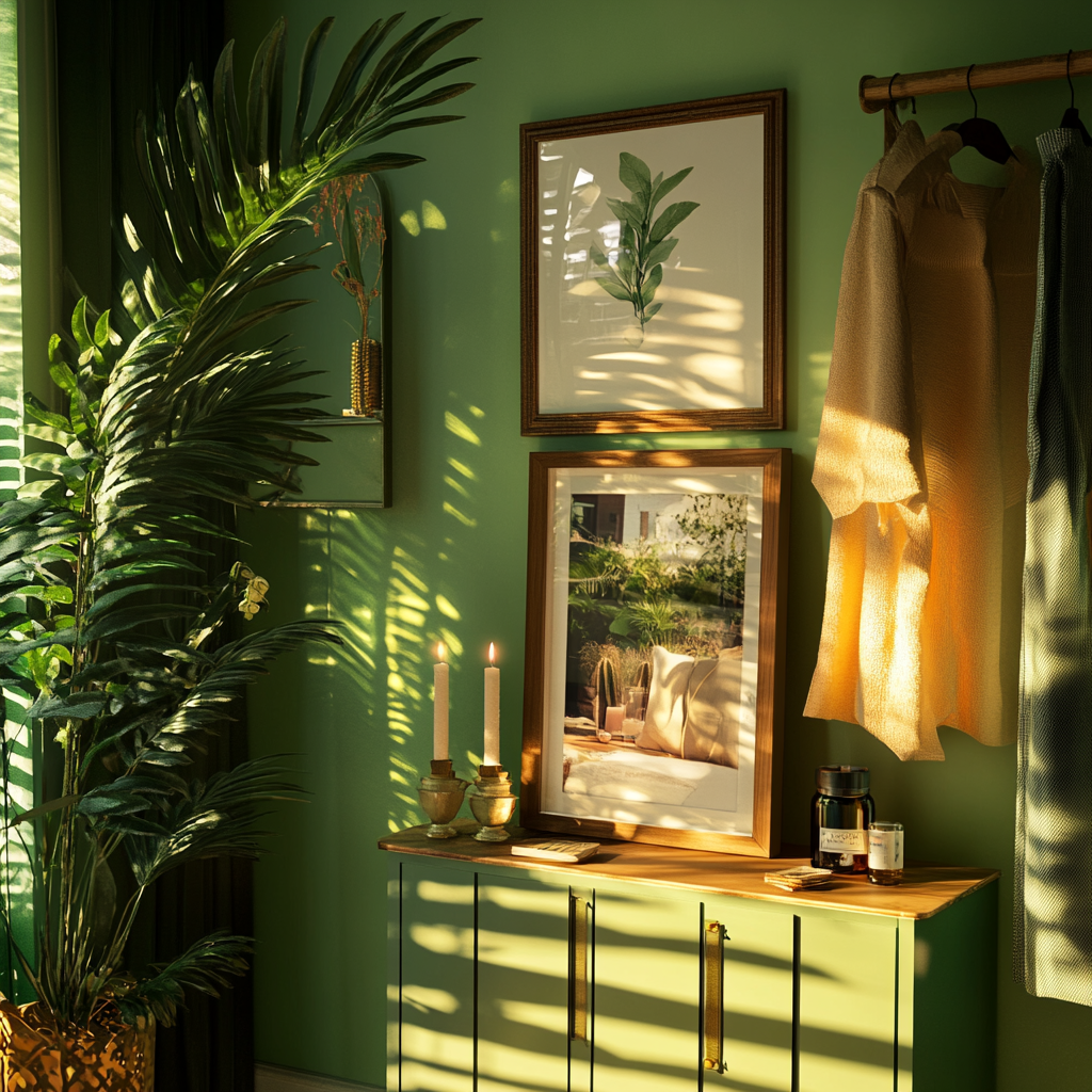 A Bohemian Wardrobe with Green Walls and Candle