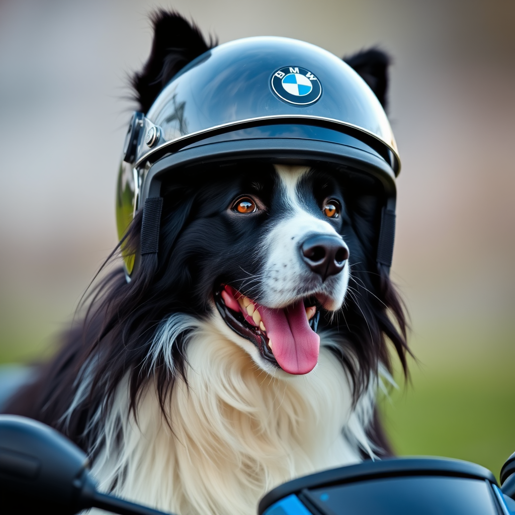 A Border Collie Wearing a BMW Bike Helmet